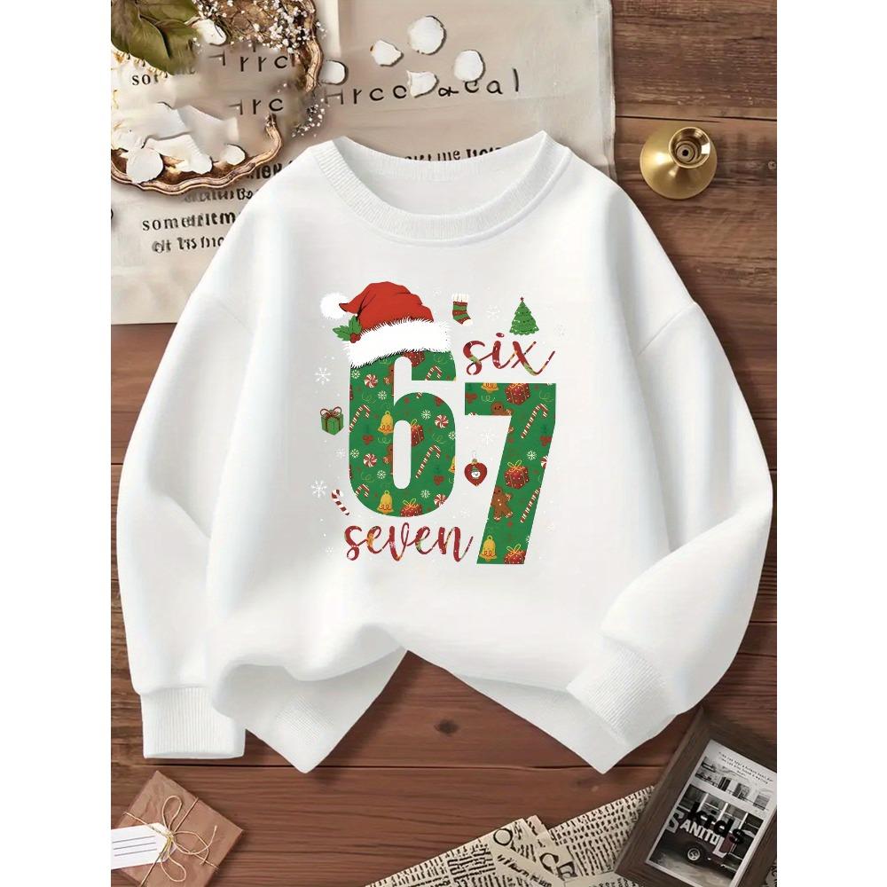 Girls' White Sweatshirt with a Six-Seven Print Featuring a Design with the Number 67, Christmas Hats, Snowflakes, Candy Elements, Casual Sportswear