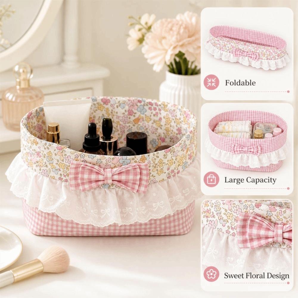 Lace Trim Fabric Storage Basket Portable Desktop Storage Box Bedroom Storage