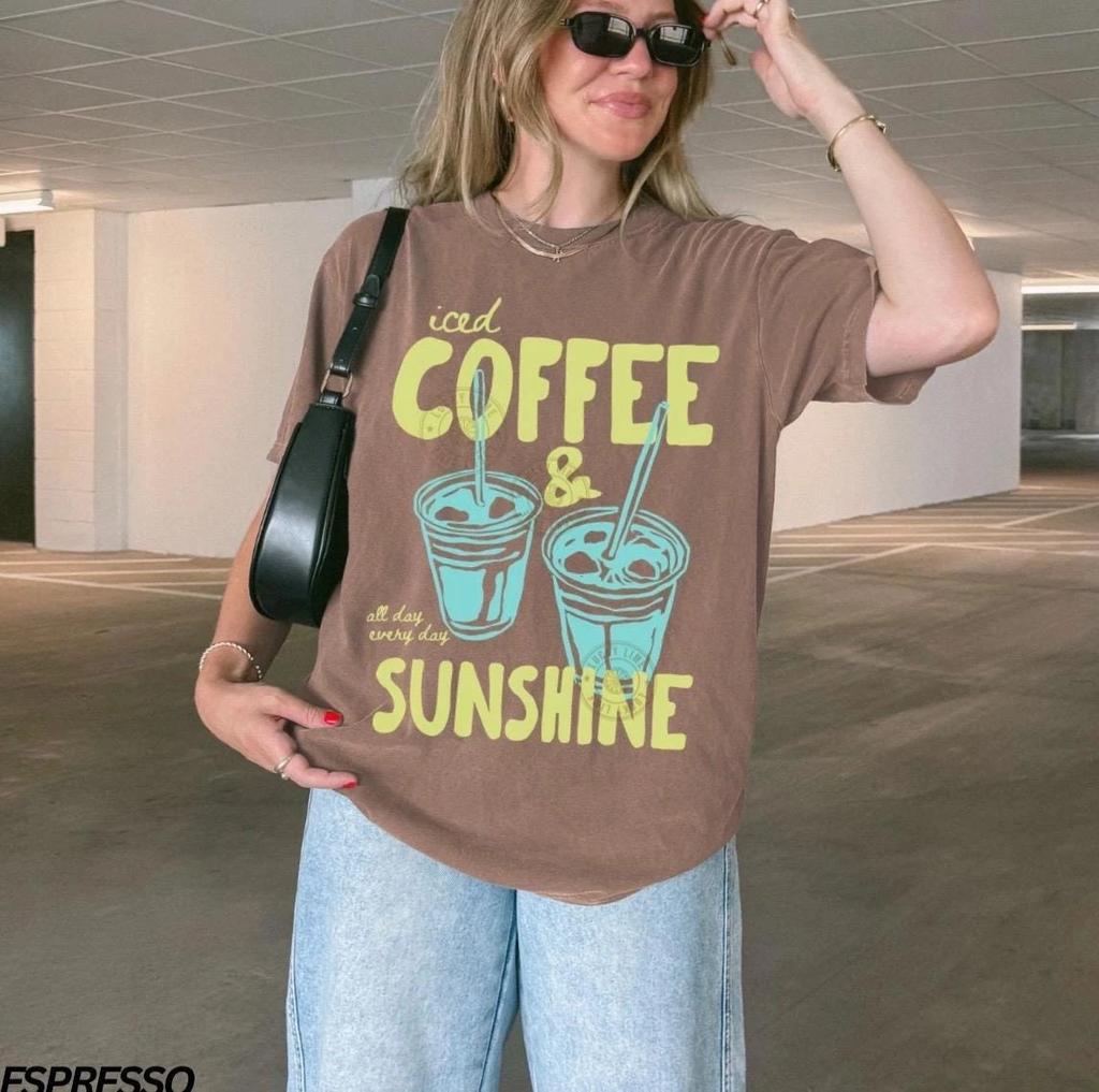FREESHIPPING Iced Coffee and Sunshine Shirt, Iced Coffee TShirt, Coffee Lover