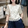 Women Summer Casual Hollow Lace Patchwork Short Sleeve Blouse