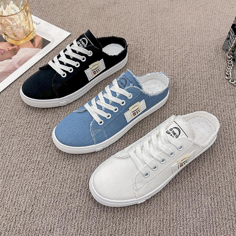 Spring and Autumn New Canvas Shoes Female Students Half Drag Lazy Versatile Breathable Casual