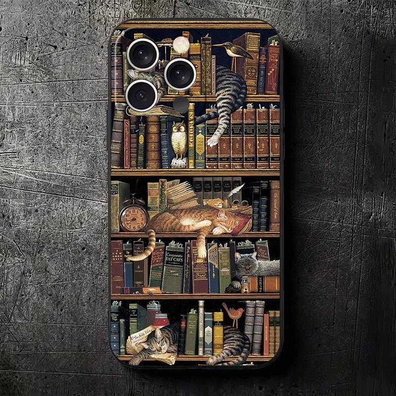 Милый кот Книжная полка Интересный Мягкий чехол для телефона для iPhone 16 16E 17 Air 15 Pro Max 14 Plus 13 Mini 11 12 7 Черный Чехол Задняя Полка