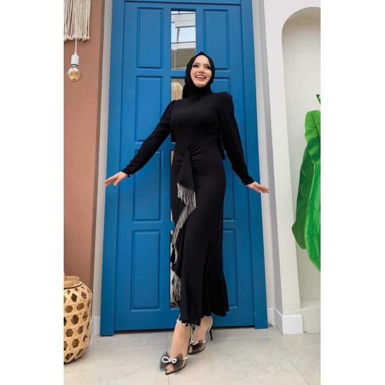 Женское черное вечернее платье в стиле хиджаб с цепочкой спереди и кисточками, модель рыбы