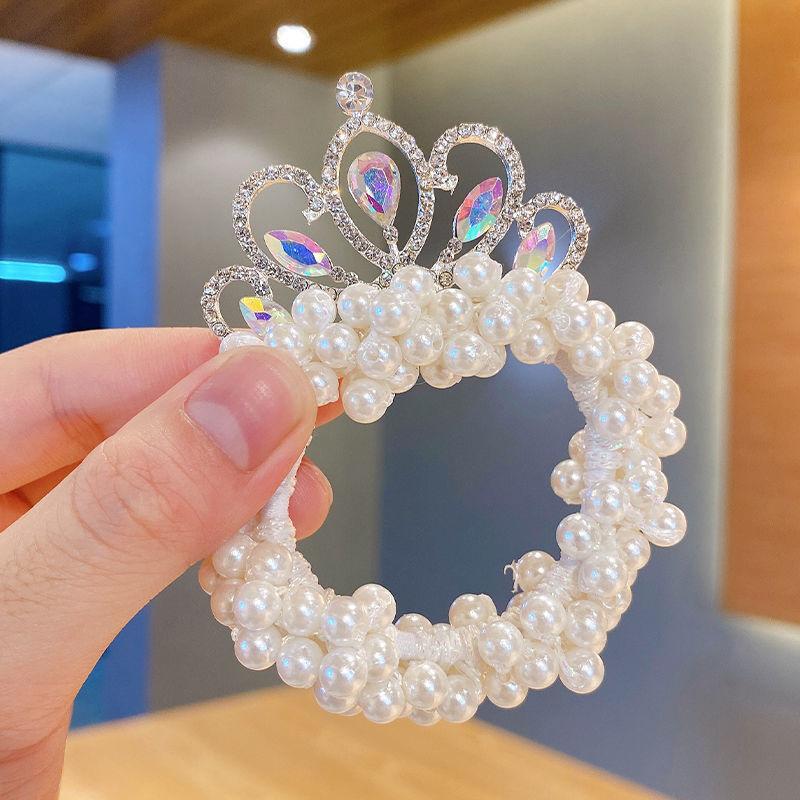 Fashion Pearl Crown Princess Hair Bands Elastic Rubber Bands Children Ball Hair Bun Ties Hair Styling Accessories