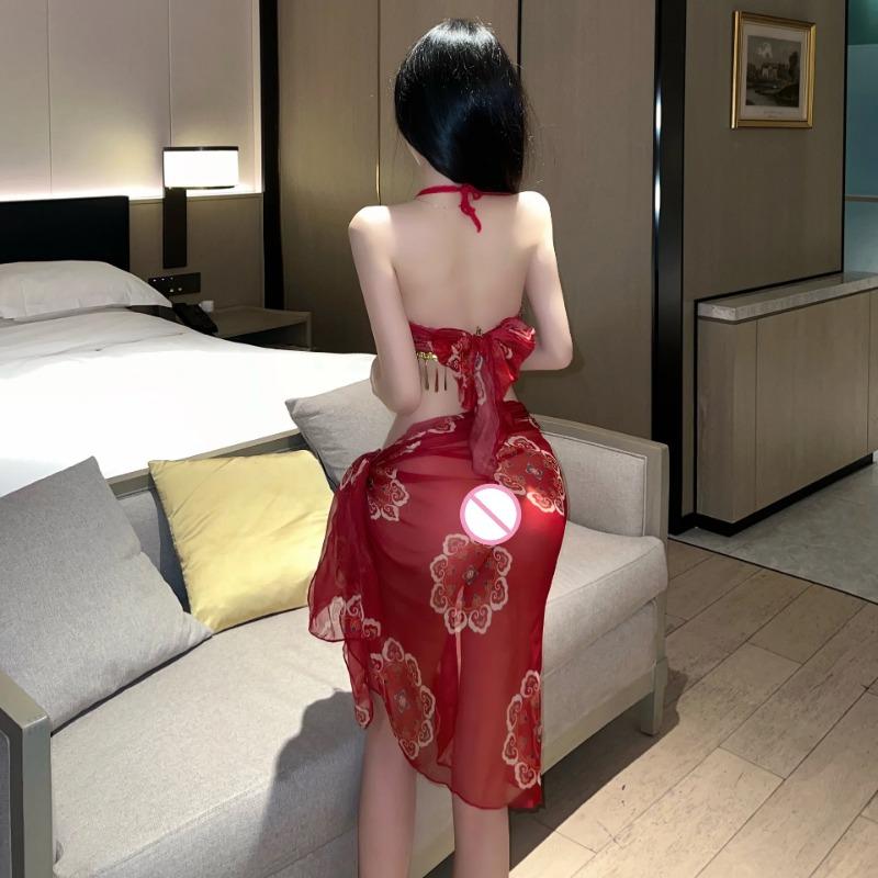 Женское порно Hanfu, красное женское сексуальное китайское традиционное прозрачное платье, танцовщица живота, костюмы для косплея, бандажная юбка, комплект нижнего белья
