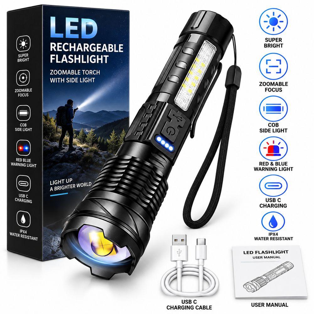 Red Blue Warning Light Rechargeable Flashlight USB C Charging Zoomable Flashlight Home Use