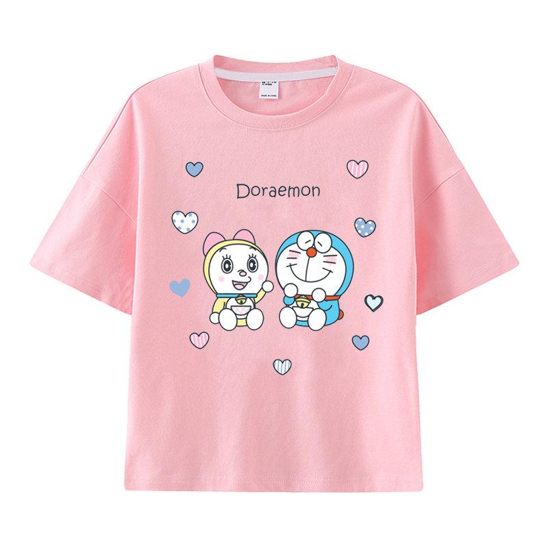 Pure Cotton Childrens Shortsleeved Tshirt for Summer Boys and Girls Halfsleeved Childrens Clothing with Doraemon Pattern