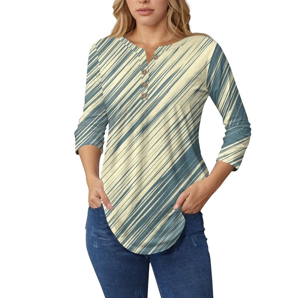 Женские топы с рукавами 3/4, летние футболки с цветочным принтом и V-образным вырезом, повседневные базовые футболки с пуговицами, туники