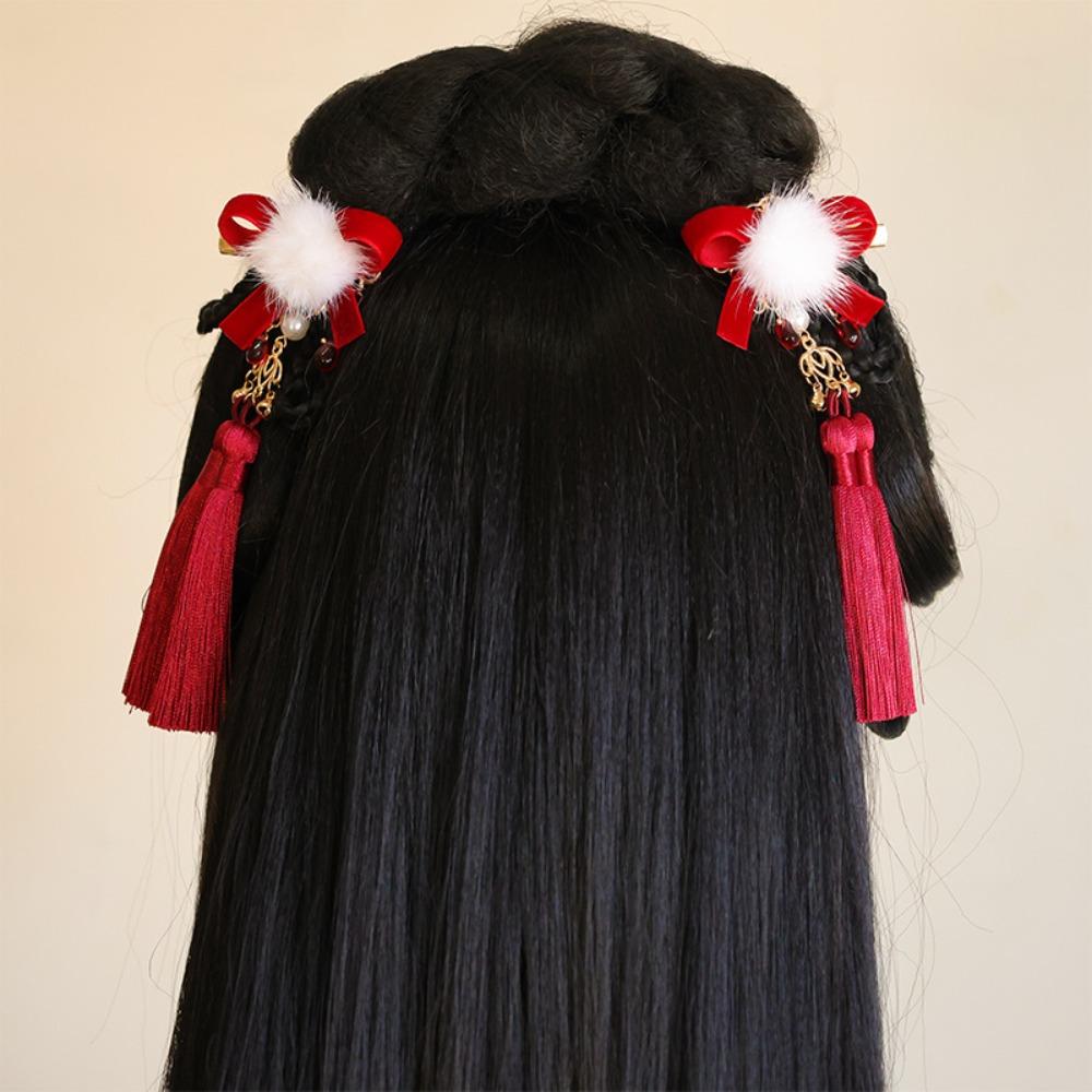 Fuzzy Ball Chinese Style Ancient Hairpin Pearl Girl Headdress Chinese New Year Side Clip Women