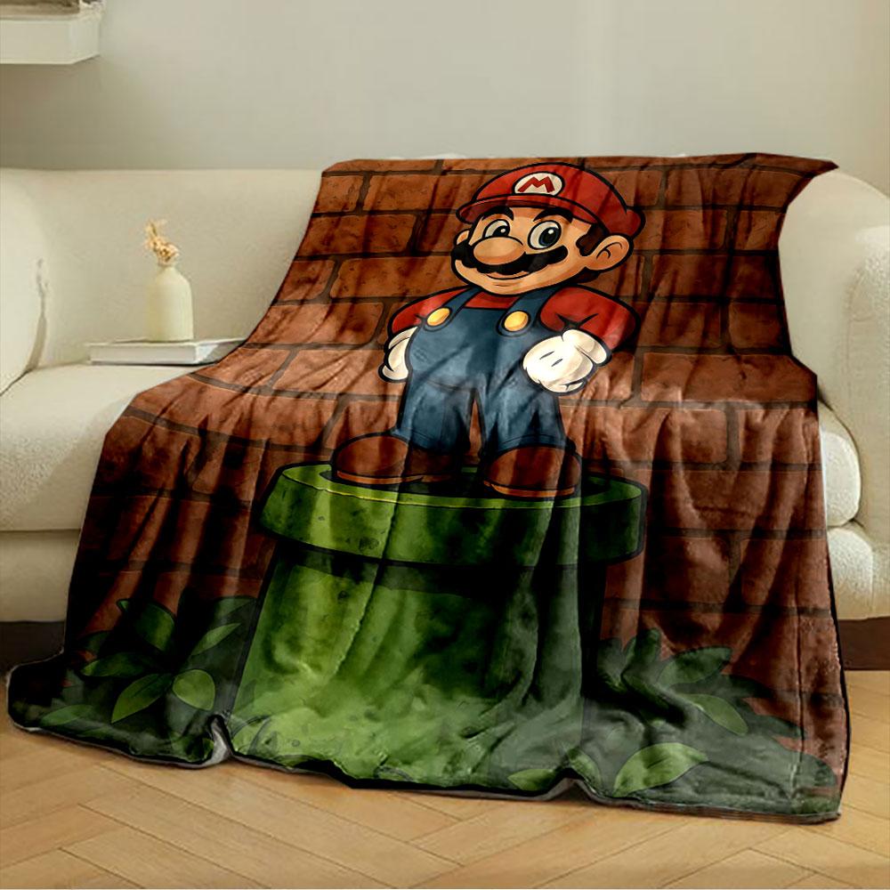 A cartoon plumber in red and blue stands on a green pipe against bricks. for all seasons blanket lunch break throw gift