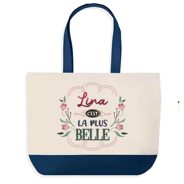 Tote bag - PLANETEE - Lina la plus belle - fond bleu - coton 40x45 cm - grand format