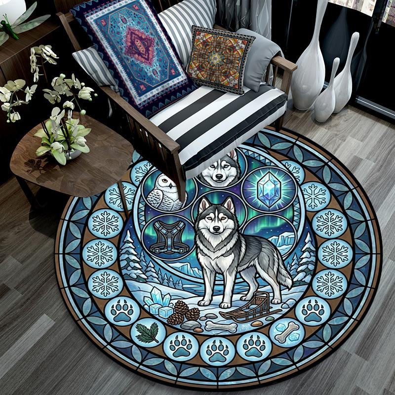 Winter Wolf Mandala Round Area Rug Under Office Chairs Bedroom Living Room Home Decor