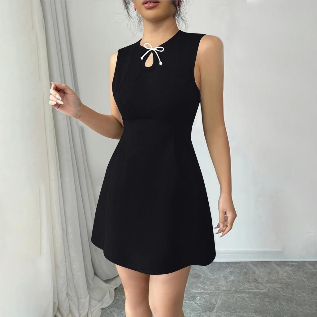 Женское однотонное платье без рукавов с поясом на талии, облегающее, с круглым вырезом и бантом