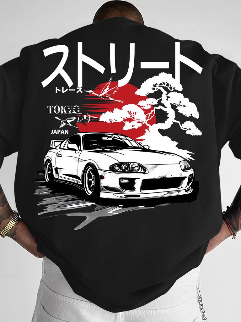 2026 Men's T-Shirt Supra Car & Japanese Art Print Streetwear Crew Neck Short Sleeve Polyester C