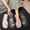 2025 Rhinestone Bow Cover Toe Sandals Female Summer Low Heel Flat Fairy with Skirt Pinching Feet Beach Sandals