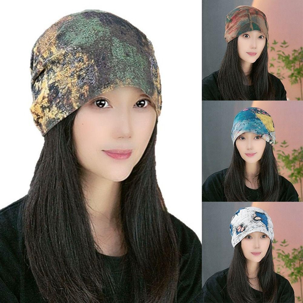 Double-sided Beanie Cap Oil Painting Style Cover Head Cap Fashion Slouchy Hat for Women