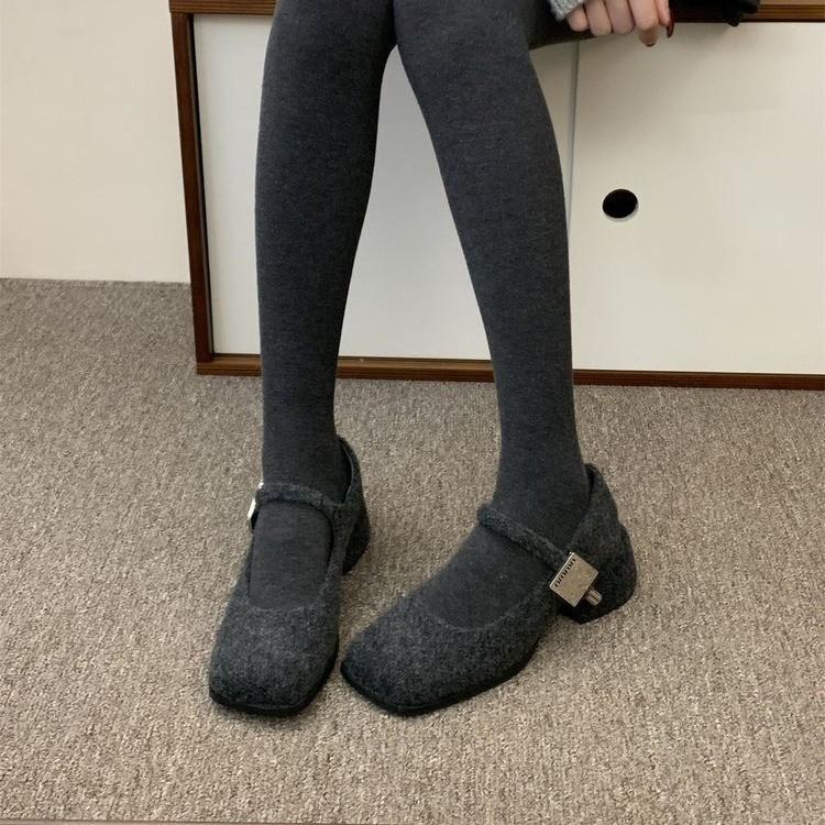 Gray Retro Woolen Mary Jane Fluffy Shoes Women's Winter Wear 2025 New French Thick Heel Velvet High Heel Single Shoes