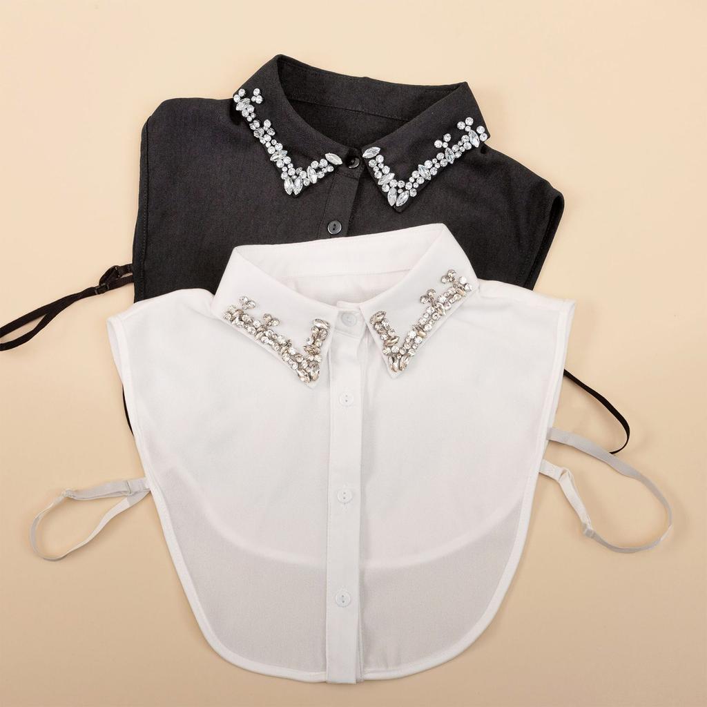 Women's Rhinestone Faux Collar Chiffon Blouse M
