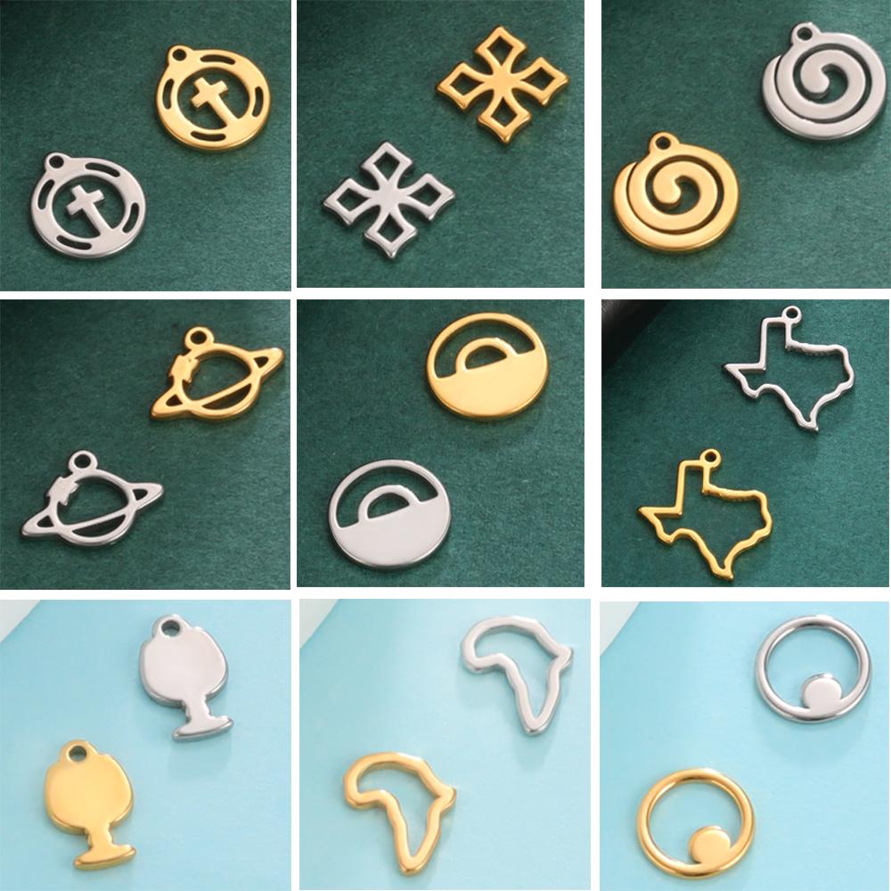 5pcs/lot Small DIY Charms for Jewelry Making Stainless Steel Cute Cross Planet Map Round Pendant for Earring Necklace Bracelet