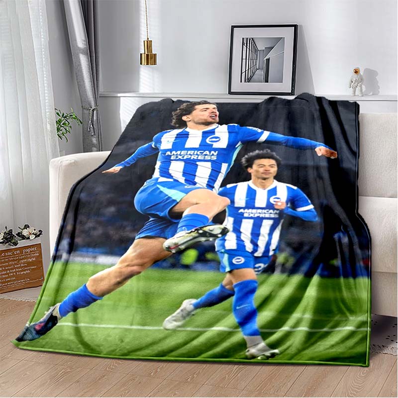 Brighton & Hove Albion Seagull Logo Blue White Gold Vertical Stripe Print Soft Flannel Throw Blanket Sofa Bed Warm Decor Cover For Football Fans