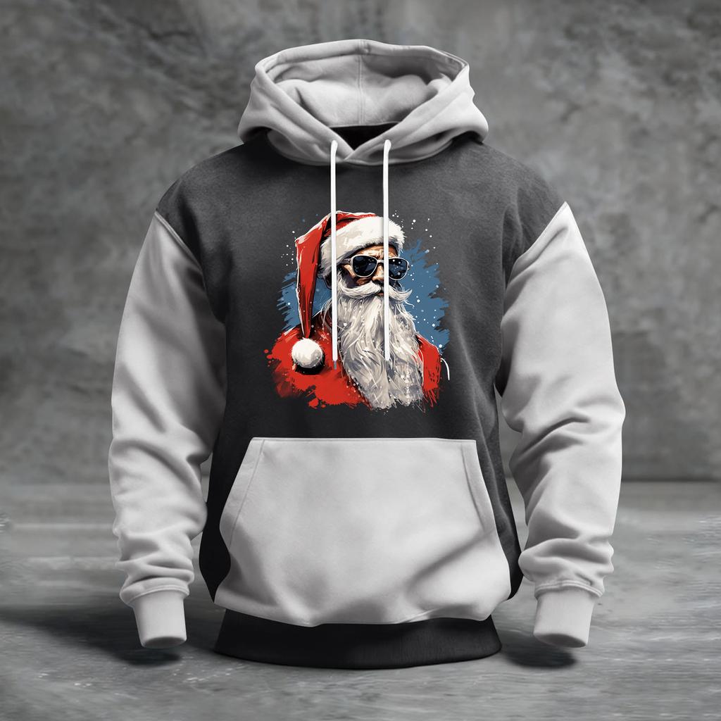 Мужской рождественский свитшот с капюшоном, повседневный, спортивный, удобный, с цветными блоками и принтом