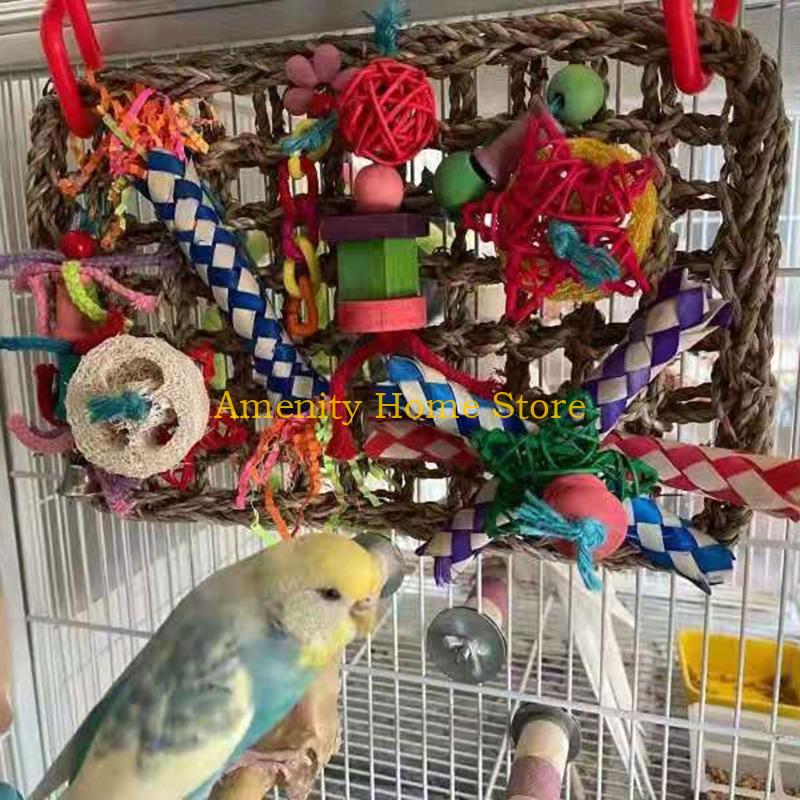 F26C Игрушка для поиска корма из морской травы Деревянные блоки Игрушки на натуральной веревке Подвесная игрушка для корма Жевание Развлечение для какаду Какатил Волнистого попугайчика Ара