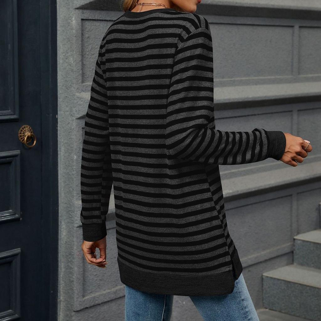 Женская модная полосатая контрастная круглая горловина на плече с длинным рукавом повседневная футболка топ