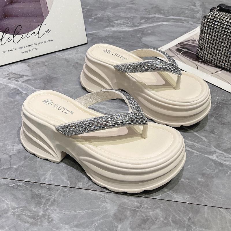Fashion 8CM Women High Platform Slippers New 2025 Summer Crystal Beach Flip-Flops Ladies Wedge Heels Shoes Woman Outside Chunky Sandals