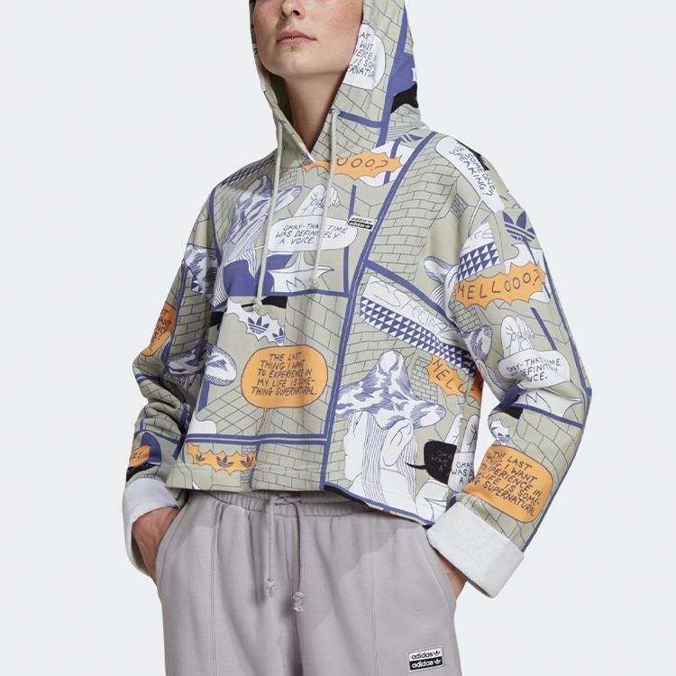 adidas Оригинальная толстовка с капюшоном Trefoil, Комикс, Граффити, Короткая, Повседневная, Спортивная, Пуловер, Свитшот, Женские толстовки, Зеленая, GN4259