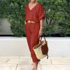 Pant Sets Linen Loose Women's Suit Short Sleeve V-Neck Top Long Pants Casual 2 Piece Set Female Fashion Ladies Clothes
