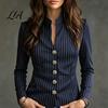 Casual Suit Coat Women Stand Collar Striped Blazer, Slim Fit Single-Breasted Lady Blazer Blouse Top, Office Business Jacket Outerwear Slimming Waist
