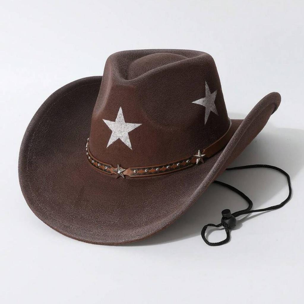 Western-style Tibetan cowboy hat for men and women, with five-pointed star print, faux suede, rivets, wide brim, outdoor riding sun protection hat