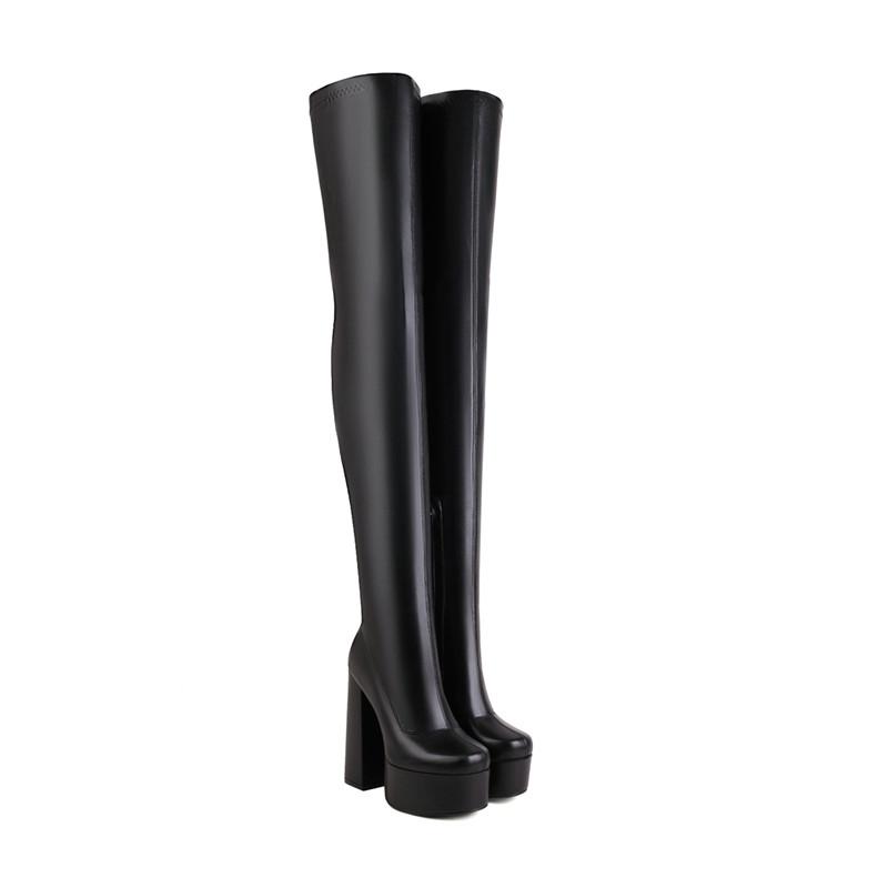 Женские сапоги на высоком каблуке, сексуальные, в европейском и американском стиле, водонепроницаемые, на толстом каблуке, однотонные, большого размера, до колена