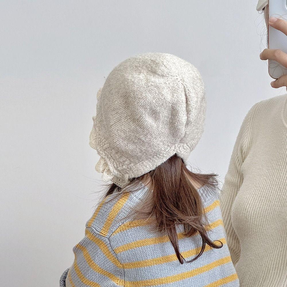 Windproof Kids Warm Hat Soft Knitted Lace Cap Sweetness Warmer Beanie Cap Girls