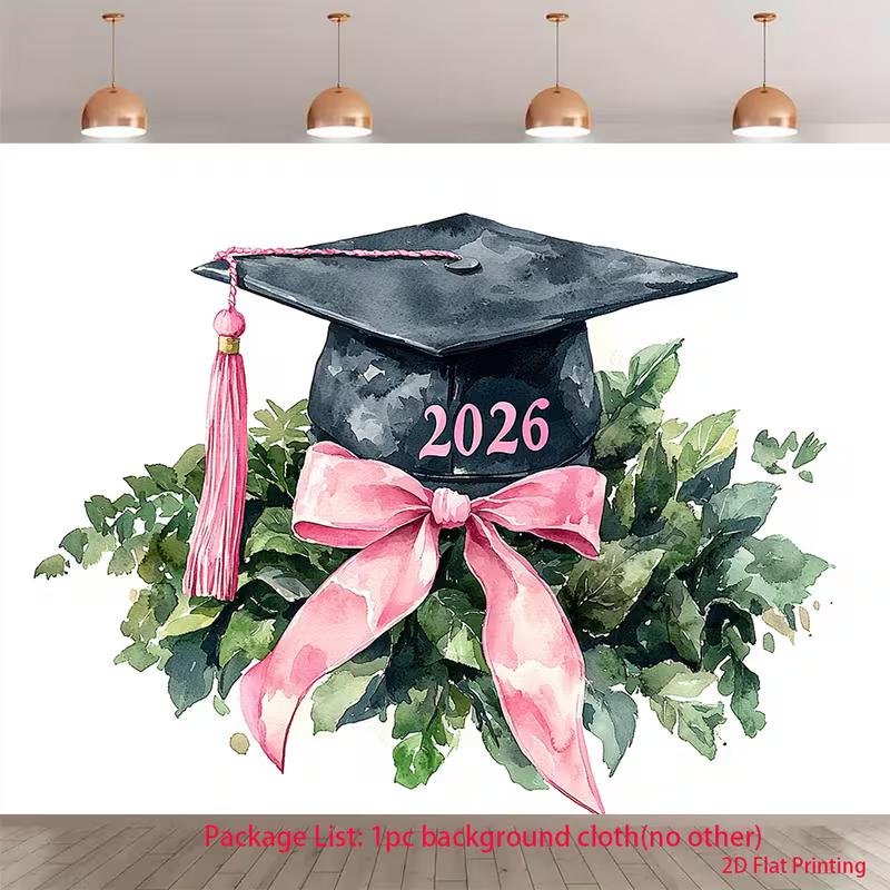 2D Pink & Green Graduation Backdrop, 2026 Watercolor Cap Photo Booth Background