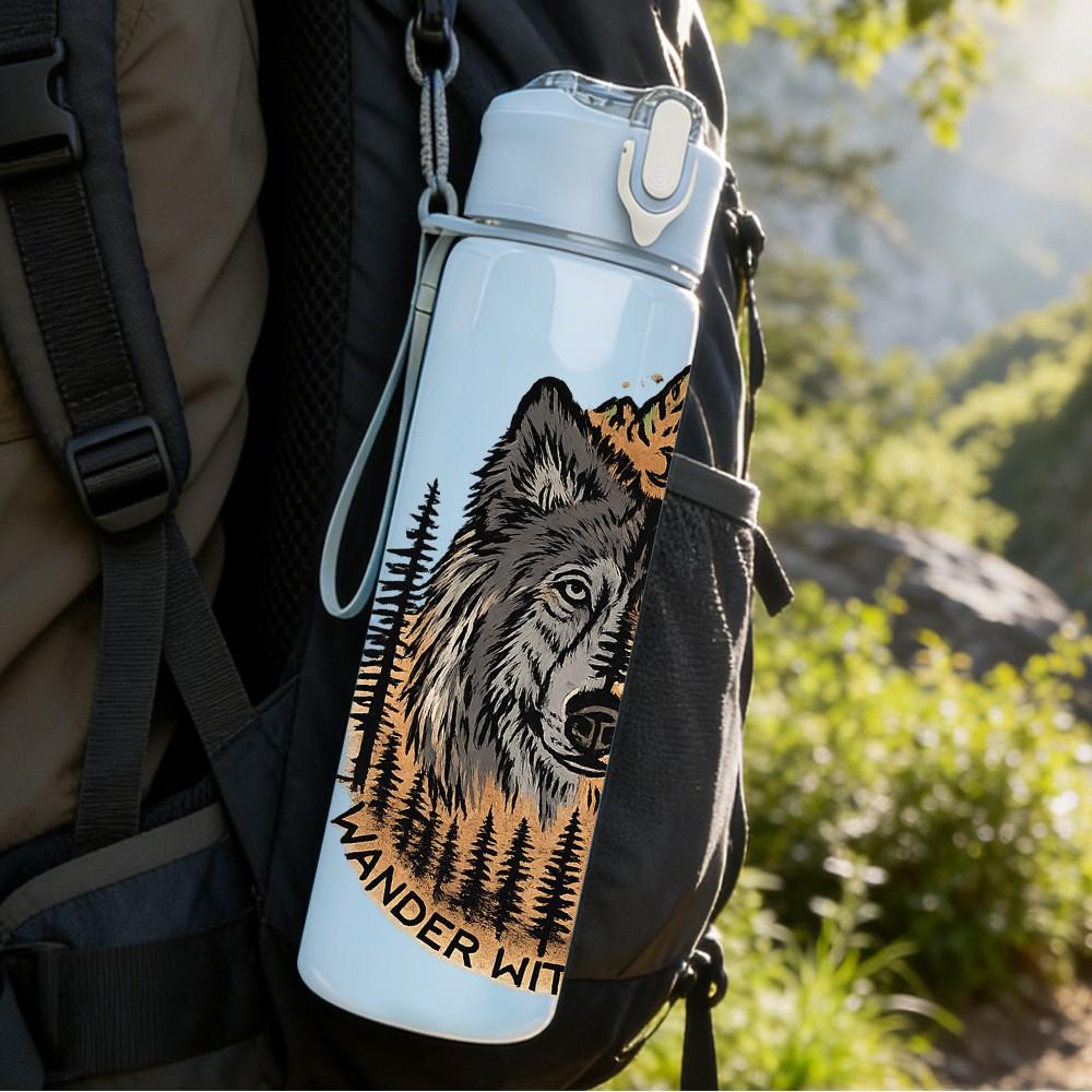 1PC Wolf Head Fur Texture Art Print 750ml Color Plastic Sports Water Bottle Leakproof Flip Straw Lid Suitable for Sports Office Home Use