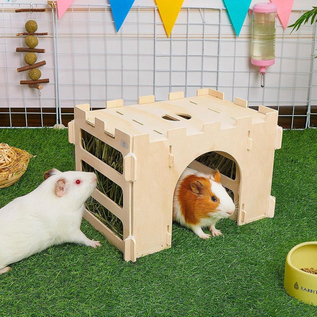 Interactive Hamster & Rabbit Wooden Hideout with Hay Feeder