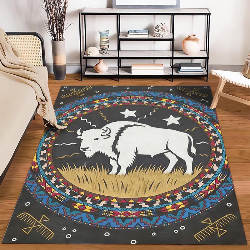 Tribal White Buffalo Rug with Geometric Patterns and Black Background Suitable for use as an anti-slip for living room bedroom sofas