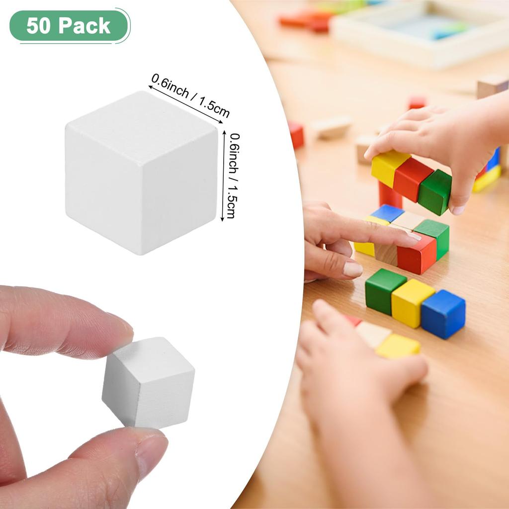 METERXITY 50 штук деревянных кубиков для поделок, 0,6 дюйма (1.5cm) Цветные блоки из натурального дерева для поделок, головоломок, игр, свадеб, домашнего декора, игральных костей и строительства,