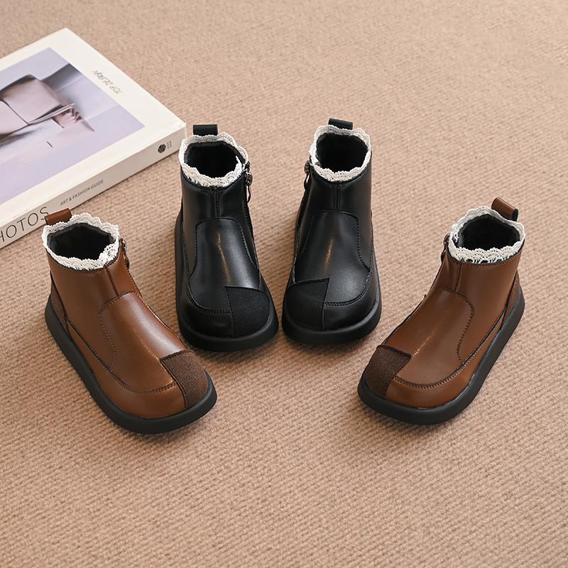 Kids Princess Boots with Sweet Lace Girls Short Leather Boots Non-slip Children Ankle Boots Elegant 2024 Autumn Winter New