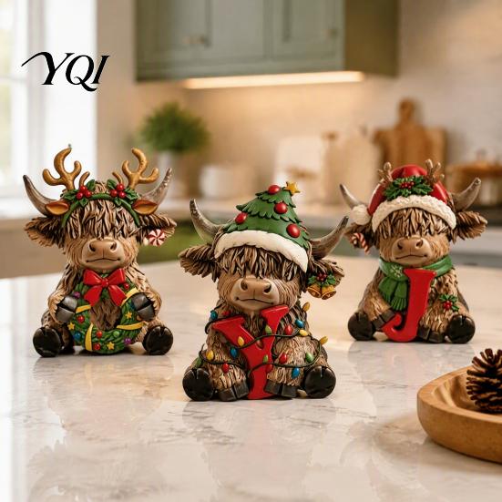 Decorative Pieces for Interior 3Pcs Christmas Highland Cow Figurine, Resin Yak Statues with JOY Letter Sign, Small Ornaments Bookshelf Farmhouse