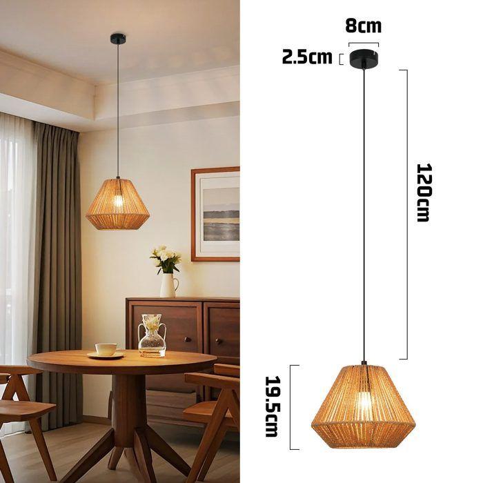 Lampe suspension rotin naturel NETTLIFE 1 lumière, Design bohème chic métal noir, Diamant, Luminaire E27 pour salle à manger salon