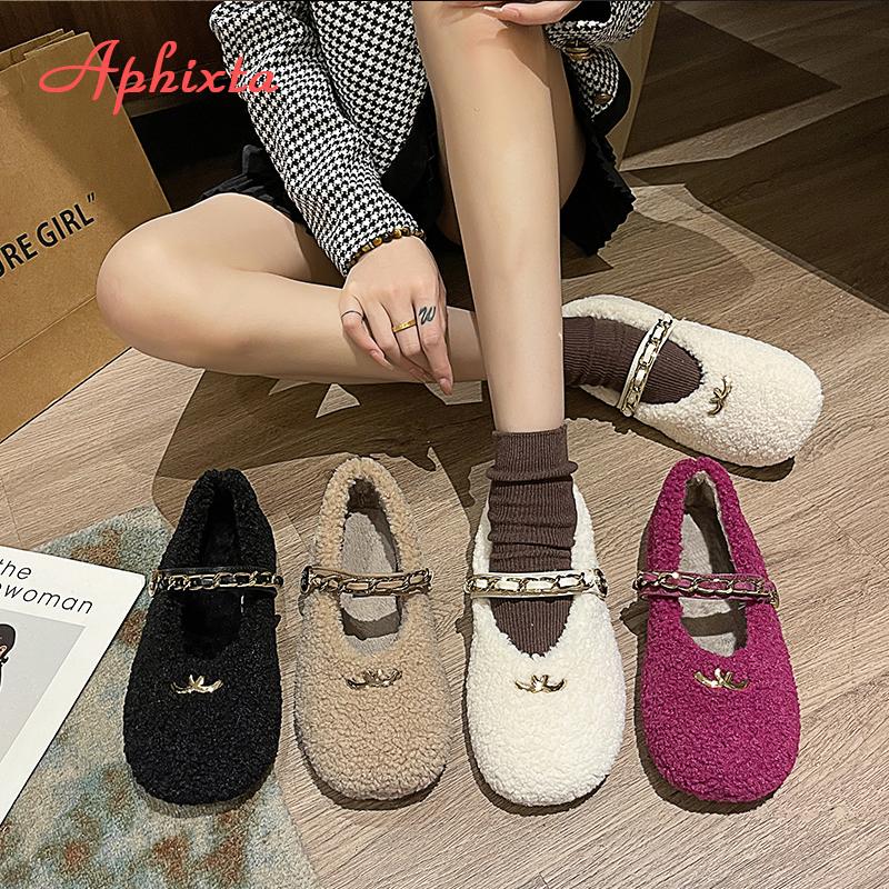 Fashion Aphixta Metal Chain Dec Slip On Flats Soft Fleeces Shoe Shallow Furry Flat With Women Loafers Slip On Warm Winter Casual Shoes