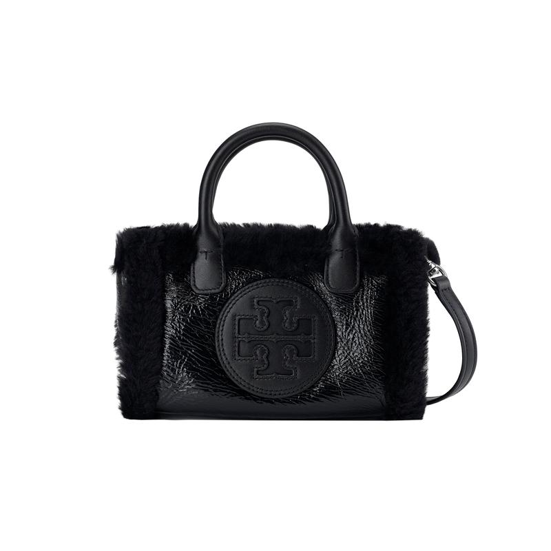 TORY BURCH Ella 18 adjustable and removable shoulder strap with snap button closure, shearling and patent leather trim, Tote bag, Tote bag, 142707-001