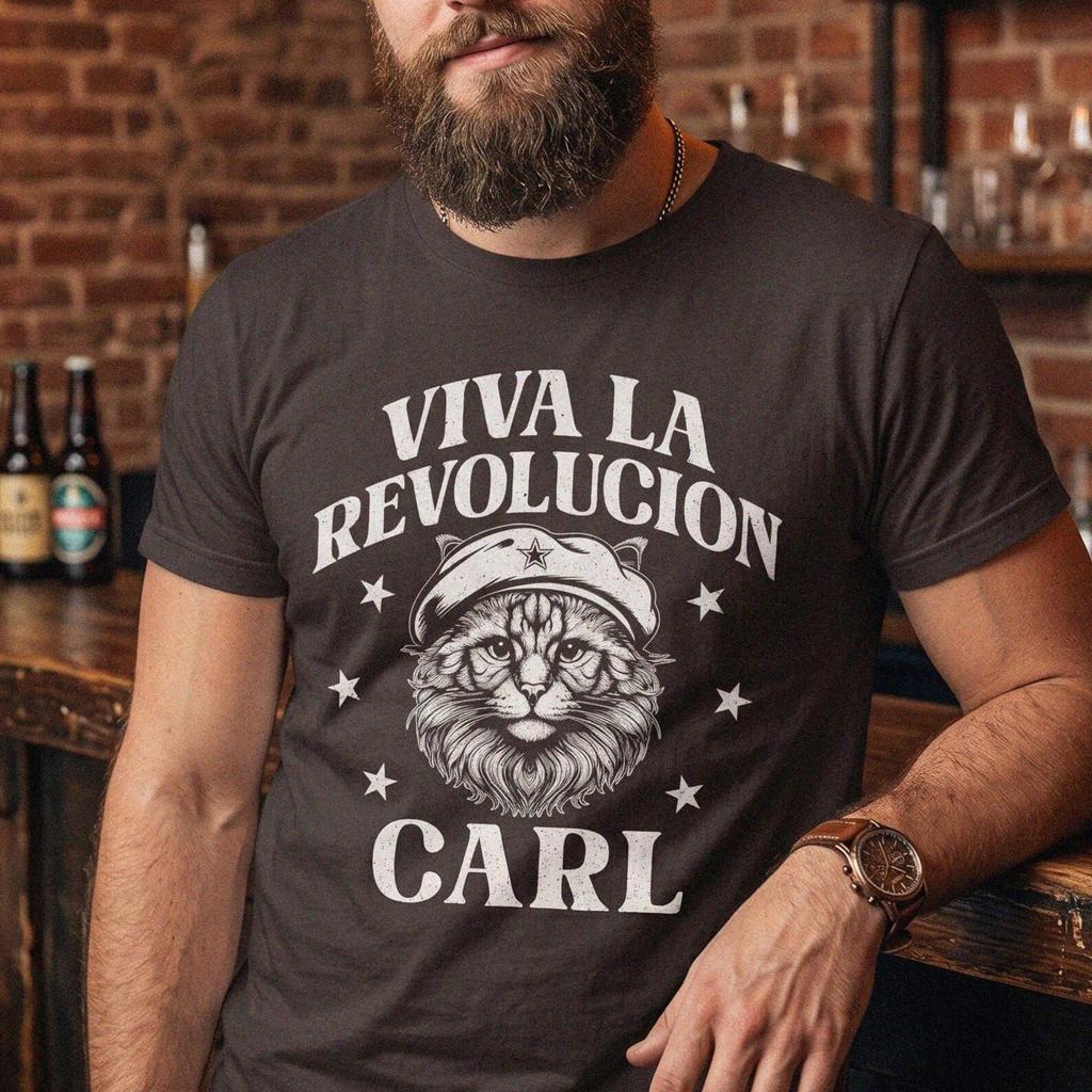 Viva La Revolucion Carl Cat Shirt, Retro Parody Graphic Tee, Humorous Meme Top