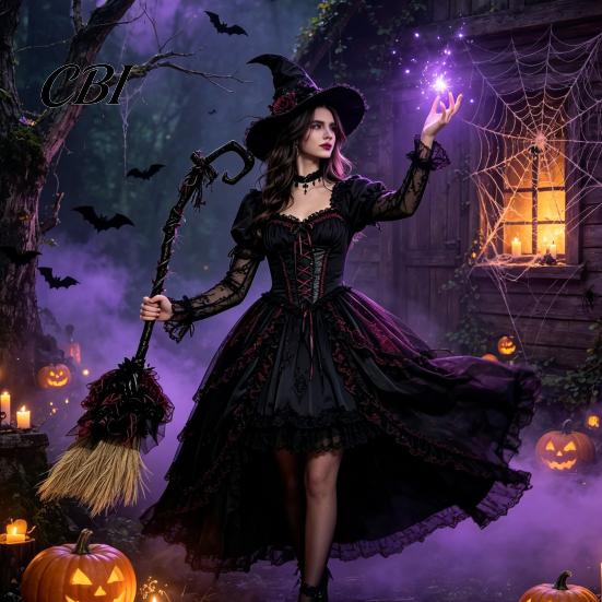 Halloween Party Decoration Witch Broom, Black Tulle Cosplay Costume, Gothic Festival Theme Prop Rose Skeleton Hand Broomstick for Party, Home