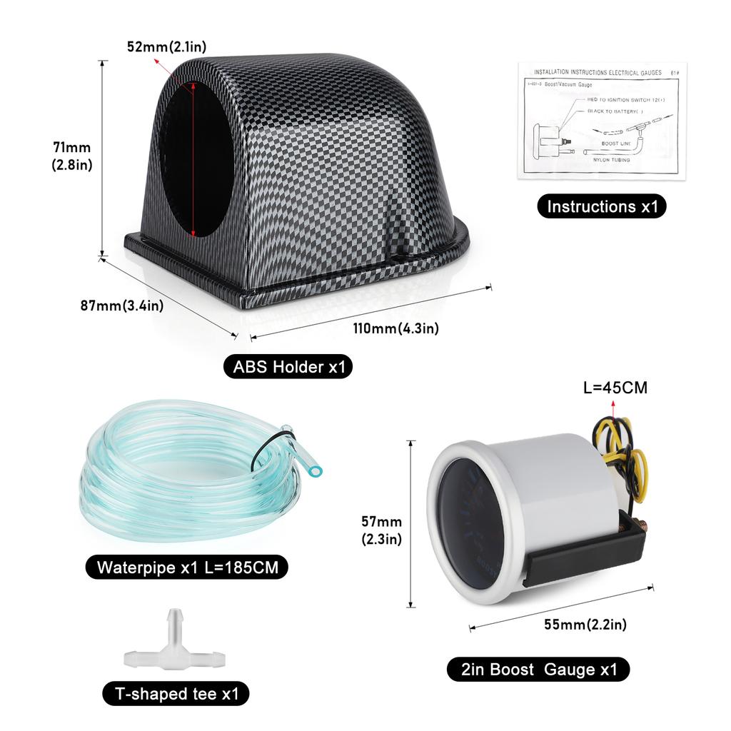 52mm 0~30 PSI+ Carbon Fiber Pod Pointer Display Instrument Universal Car Turbo Boost gauge 2-inch