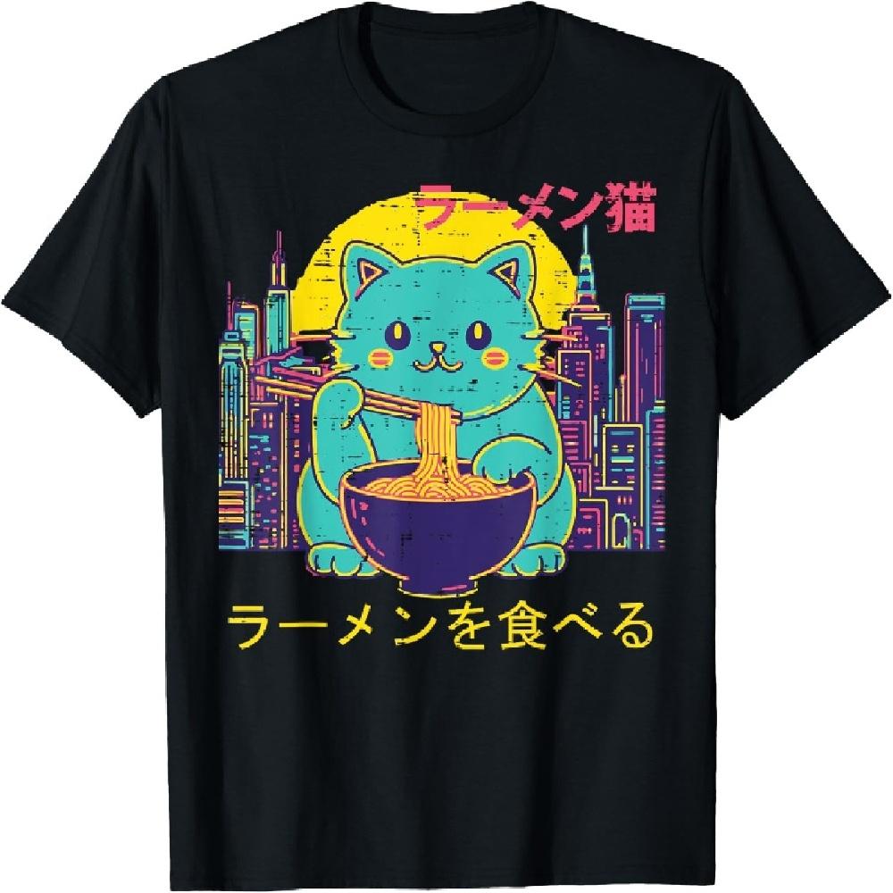 Cat Eating Ramen Vaporwave Retro Japanese Girls Kids Women T-Shirt