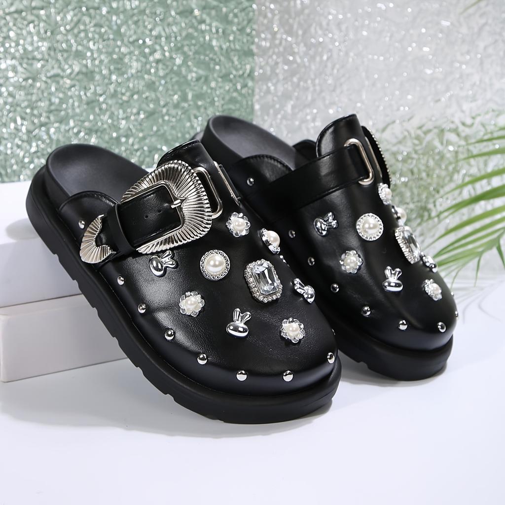 Women's Retro British-Inspired Platform Mules with Rivet Details - Slip-On, Round Toe, Faux Cover Casual Shoes