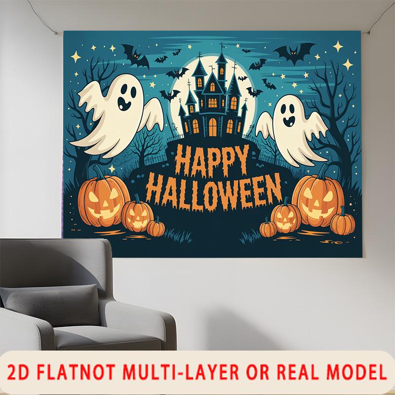 Party Backdrop Halloween Castle Flat Spooky Ghost Pumpkins Multi Layered Celebrations Photo Background Decor Front Door Decor